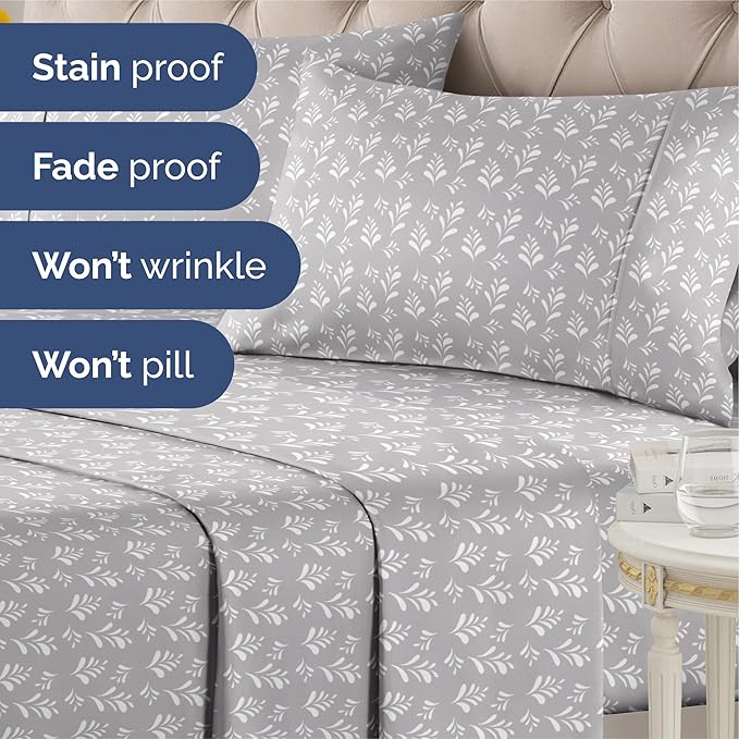 Floral Sheets - Grey & White Bed Sheet Set - 1 Flat, 1 Fitted & 2 Pillowcases w/ Deep Pockets - Wrinkle & Fade Free - Boho Botanical Bedding - Ultra-Soft, Breathable and Cooling - Cal King Size Set