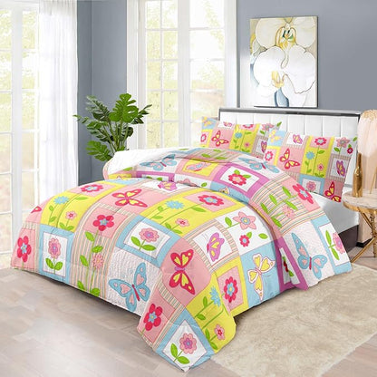 Pink Butterfly Kids Comforter Set King Girls Floral Bedding Set Girls Pink Grid Comforter Kids Quilt Bedroom Decor White Purple Blue Pink Butterfly Bedding Bed Decor