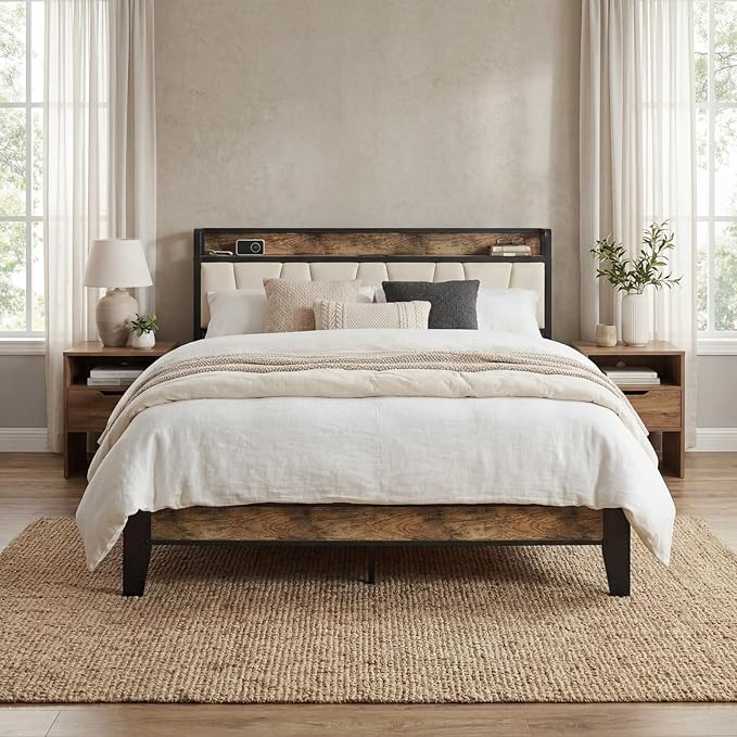 LIKIMIO Queen Bed Frame, Storage Headboard with Charging Station, Solid and Stable, Noise Free, No Box Spring Needed, Easy Assembly (Walnut and Beige)