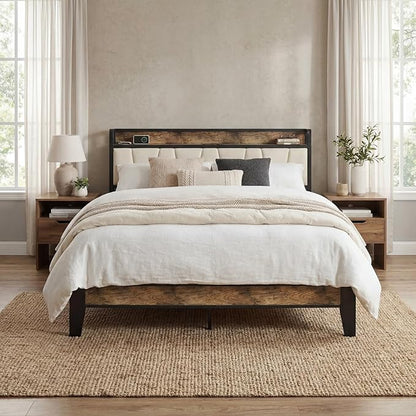 LIKIMIO Queen Bed Frame, Storage Headboard with Charging Station, Solid and Stable, Noise Free, No Box Spring Needed, Easy Assembly (Walnut and Beige)