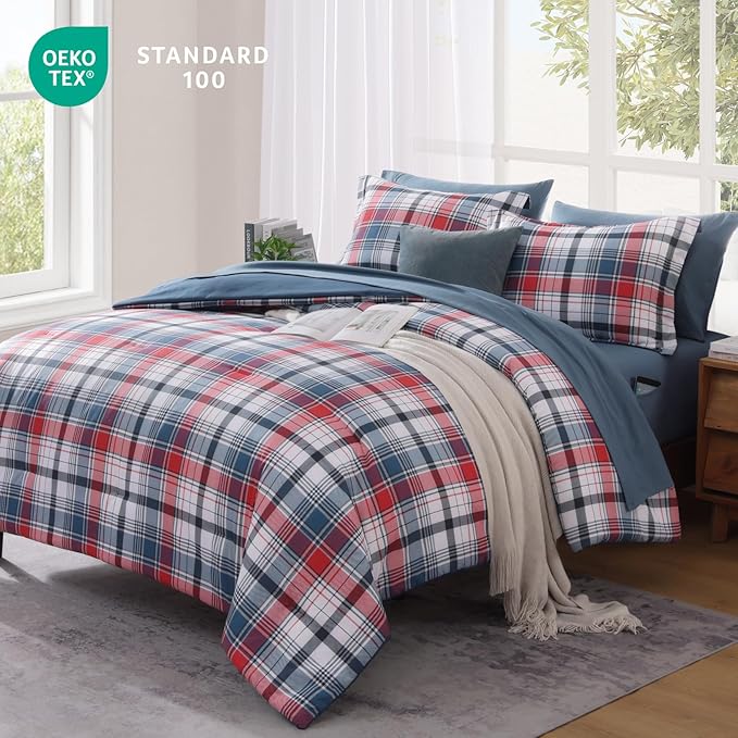 MaiRêve Full Size Plaid Comforter Set Navy Red, Classic 7 Pieces Farmhouse Bedding Set, All Season Lightweight Bed in A Bag with Sheets, Pillowcases & Shams