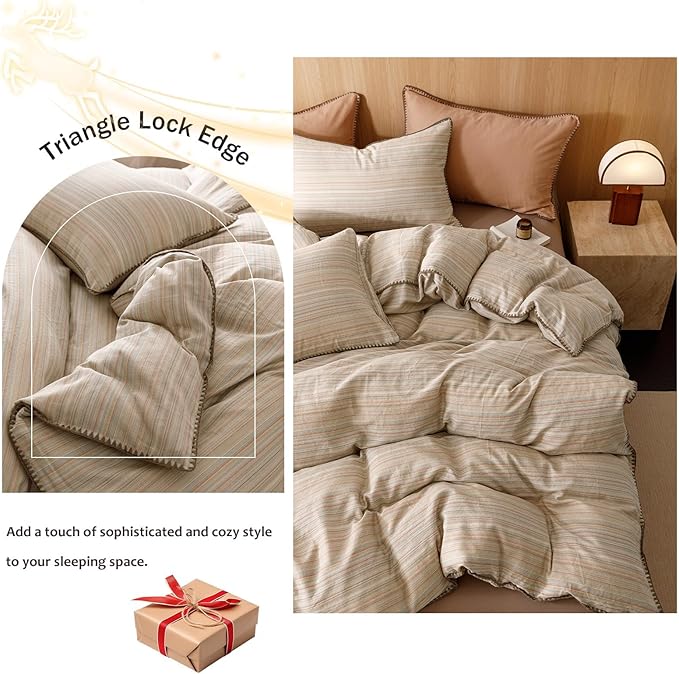 VM VOUGEMARKET Brown Tan Duvet Cover King Striped Pattern Yarn Dyed Muslin Cotton Duvet Cover with Embroidered Edge Super Soft Cozy Bedding Set for Men Women,King Size