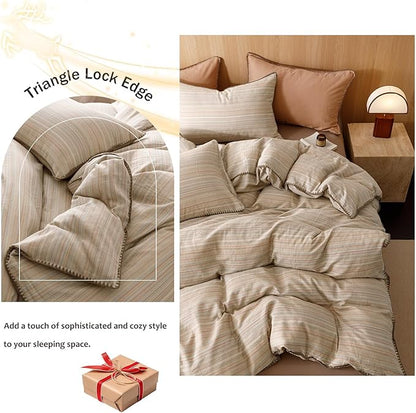 VM VOUGEMARKET Brown Tan Duvet Cover King Striped Pattern Yarn Dyed Muslin Cotton Duvet Cover with Embroidered Edge Super Soft Cozy Bedding Set for Men Women,King Size