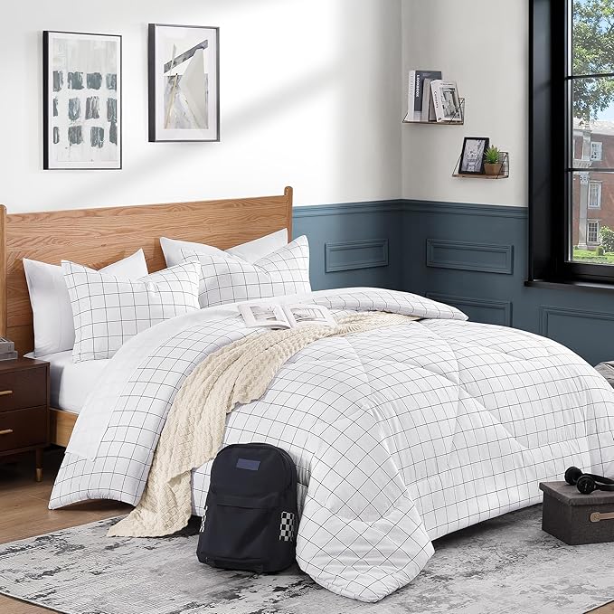 Andency White Grid Comforter Set Twin Size (66x90 Inch), 2 Pieces(1 Grid Comforter and 1 Pillowcase), Summer Lightweight Microfiber Down Alternative White Comforter with Black Lines for Kids Girls