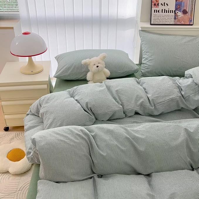 MKXI Ultra-Fine Stripe Duvet Cover Set Full, 100% Washed Cotton Green & White Textured Bedding, 3 Piece Breathable Comfy Farmhouse Style Duvet Cover with Pillow Shams