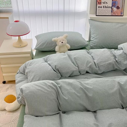 MKXI Ultra-Fine Stripe Duvet Cover Set Twin XL, 100% Washed Cotton Green & White Textured Bedding, 3 Piece Breathable Comfy Farmhouse Style Duvet Cover with Pillow Shams