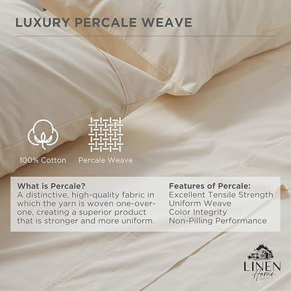 Linen Home 100% Cotton Percale Pillowcases King Size, Ivory, 2 Pieces of Pillow Case, Crisp and Cool Strong Bed Linen, 20 inches X 40 inches