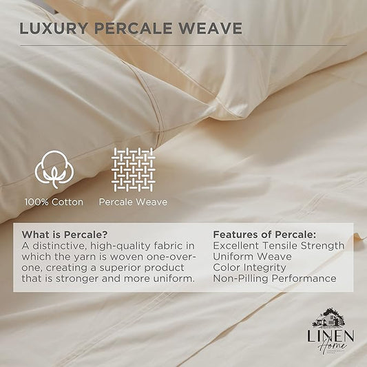Linen Home 100% Cotton Percale Pillowcases King Size, Ivory, 2 Pieces of Pillow Case, Crisp and Cool Strong Bed Linen, 20 inches X 40 inches