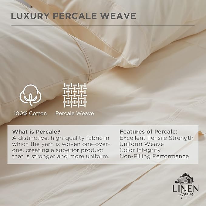 100% Cotton Percale Pillowcases Queen Size, Set of 2 - Crisp & Cooling, Breathable, Long-Staple Combed Cotton, Z-Hem Stitch - Ivory | Linen Home