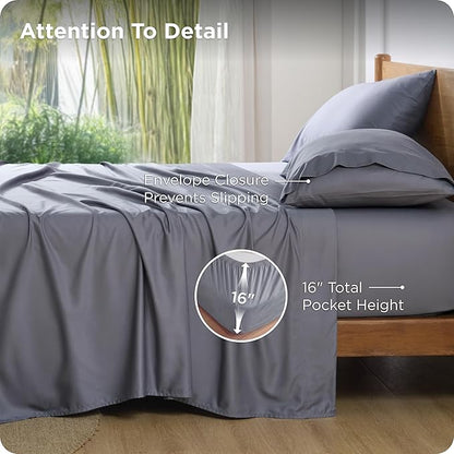 Bedsure California King Sheet Sets, Cooling Sheets, Rayon Derived from Bamboo, PureWoven, Breathable & Soft, Deep Pocket Up to 16 Inches, Hotel Luxury Silky Bedding for Hot Sleepers, Dark Grey