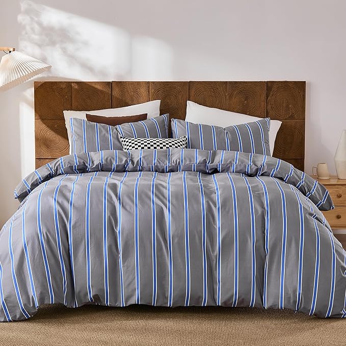 Merryword Blue and Gray Striped Duvet Cover Set King Size 100% Cotton Bedding Set with Modern Coastal Style Soft Breathable Linen Like Bedding Set 3 Pieces