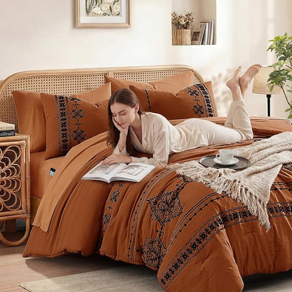 MaiRêve Full Size Comforter Set Burnt Orange, Embroidery Floral Western Boho Bedding Set, All Season 7 Pieces Bed in a Bag with Sheets, Pillowcases & Shams