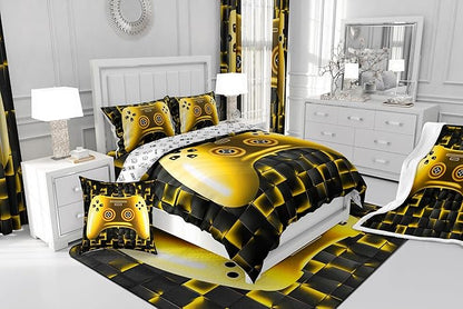 Erosebridal Kids Gamer Bedding Sets for Boys Full Gaming Comforter Set Black Gold Geometric Game Console Grids Comforter for Teen Youth Men Video Game Bed Set Soft Lightweight for All Season