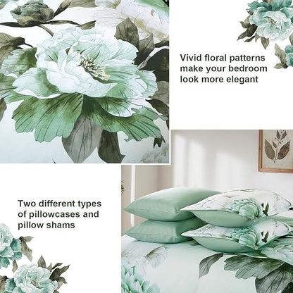 Dobuyly Green Comforter Set King Size 7 Piece Bed in a Bag King, Sage Green Floral Printed Comforter Set with Sheets, Soft Microfiber Botanical Flower Complete Bedding Set for All Season