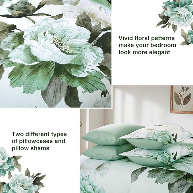 Dobuyly Green Queen Comforter Set 7 Piece Bed in a Bag Queen, Sage Green Floral Printed Comforter Set with Sheets, Soft Microfiber Botanical Flower Complete Bedding Set for All Season