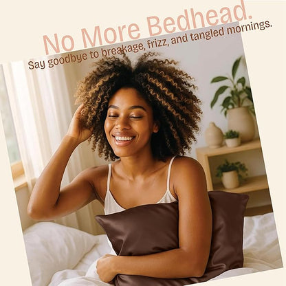 BLISSFORD Brown Satin Pillowcase with Zipper, for Hair and Skin Care, Feels Soft and Cool Like a Silk Pillowcase, Satin Pillow Cases 2 Pack, Slik Pillow Cover, Queen Size, Set of 2