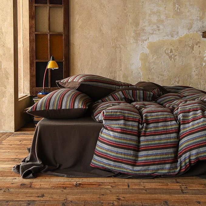 EAVD Retro Striped Duvet Cover Set King Soft 100% Cotton Muslin Bohemian Colorful Vertical Striped Bedding Set with 2 Pillowcases Rustic Farmhouse Style Geometric Pattern Duvet Cover with Zipper