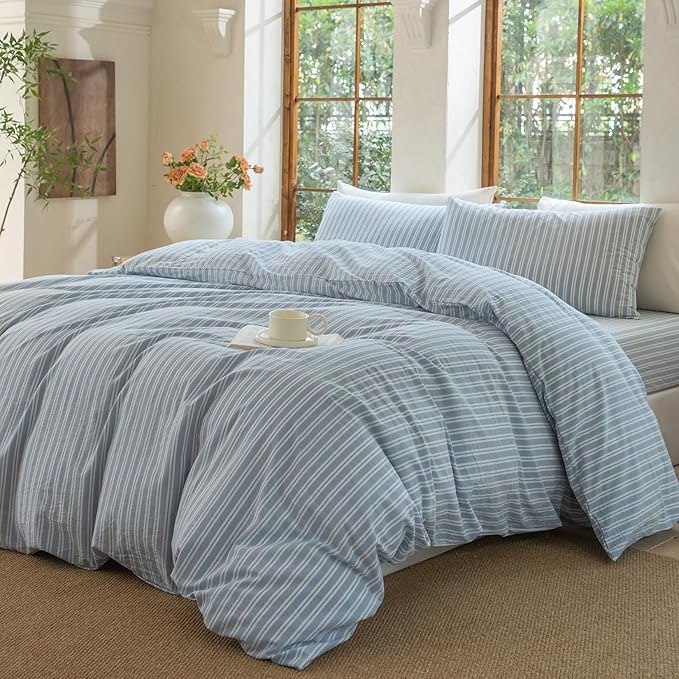 Luxury 100% Washed Cotton Linen Like Duvet Cover Set,3 Pcs Striped Duvet Cover with Zipper Closure(Strip-Cornflower Blue/White,Queen)