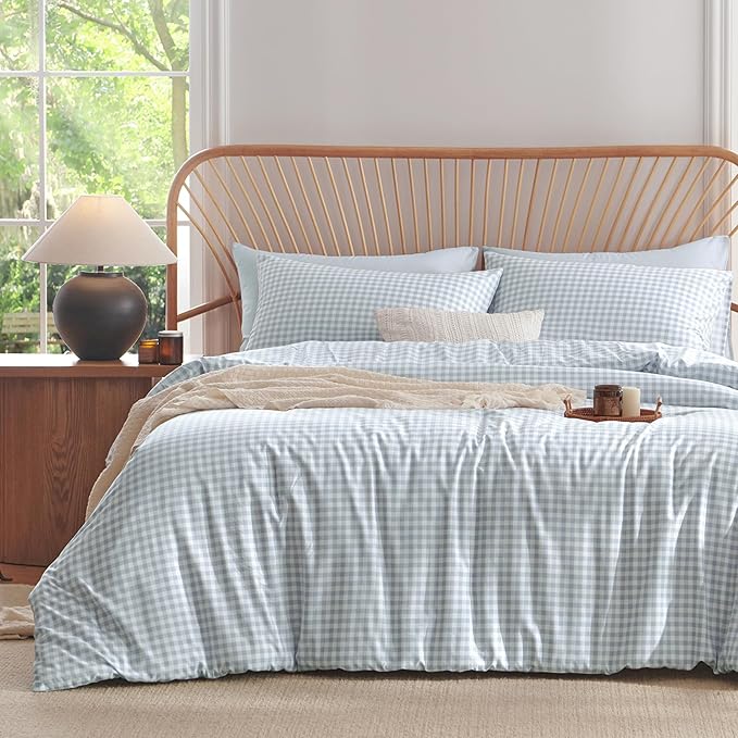 Nayoroom Gingham Comforter Set Full Size Blue Plaid Checkered Dorm Bedding Set 3 Pieces Soft Lightweight Farmhouse Grid Comforter for All Seasons (1 Comforter, 2 Pillowcases)