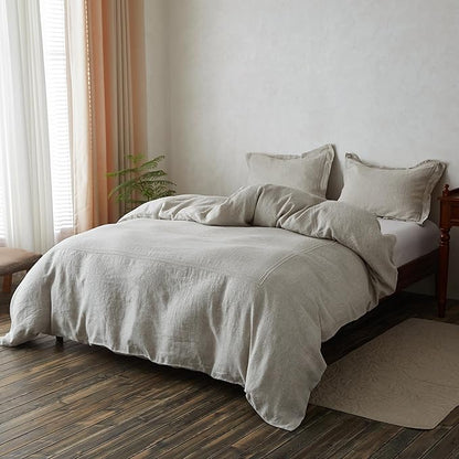 Simple&Opulence 100% Washed Linen Duvet Cover Set 88"x92" - 3 Pieces Soft Farmhouse Comforter Set Double Embroidered with Button Closure - 1 Duvet Cover and 2 Pillowshams (Linen, Queen)