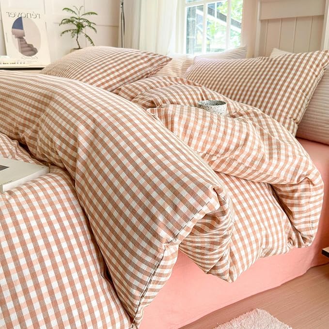 LifeTB Pink Plaid Gingham Duvet Cover King 3 Pieces Checkered Grid Duvet Cover 100% Washed Cotton Coral Pink Plaid Comforter Cover with Zipper Ties 2 Pillowcases Breathable Soft Gingham Bedding Set