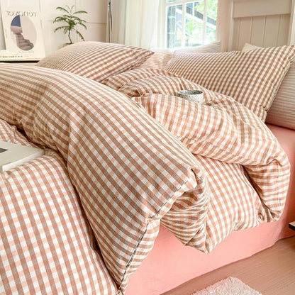 LifeTB Pink Plaid Gingham Duvet Cover King 3 Pieces Checkered Grid Duvet Cover 100% Washed Cotton Coral Pink Plaid Comforter Cover with Zipper Ties 2 Pillowcases Breathable Soft Gingham Bedding Set