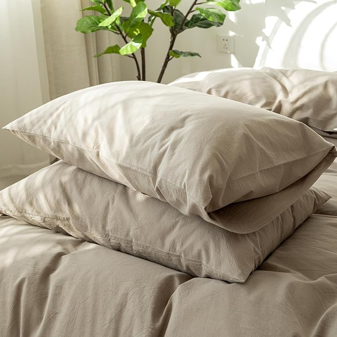 MooMee Bedding Pillowcases Pack of 2 100% Washed Cotton Linen Like Textured Breathable Durable Soft Comfy (Solid Mocha Brown, Queen)