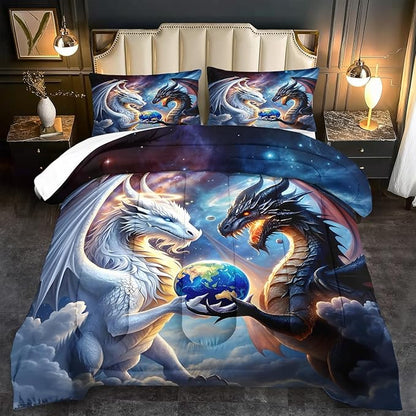 Black White Dragon Comforter Set Twin Boys Flame Ancient Mysterious Creatures Fantasy Dragon Bedding Set Boys Girls White and Black Comforter Twin Size Animals Quilt Room Decor
