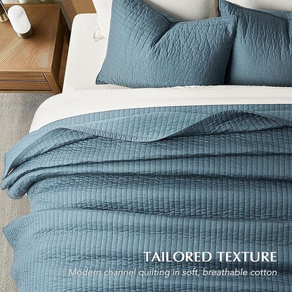 EVERGRACEHOME Cotton Sateen Quilt Set Queen Size, Pre-Washed Cotton Channel Stitch Coverlet Bedspread, 3 Pieces Lightweight Soft Bedding Sets for All Season, with 2 Pillow Shams, Sonoma Blue