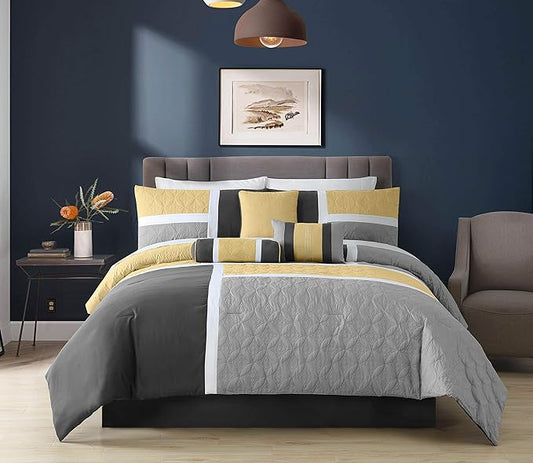 Chezmoi Collection Upland 7-Piece Quilted Patchwork Comforter Set, Yellow/Charcoal/Gray, Full