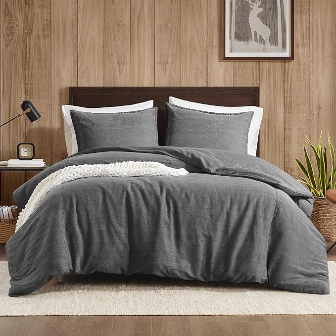 Woolrich King Duvet Cover Set Cotton Stone Washed, Oversized Duvet Cover for King Size Bed, All Season Soft King Size Bedding Cover, McKenzie, King/Cal King Grey 3 Piece