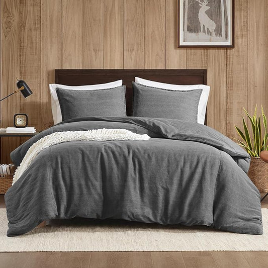 Woolrich King Duvet Cover Set Cotton Stone Washed, Oversized Duvet Cover for King Size Bed, All Season Soft King Size Bedding Cover, McKenzie, King/Cal King Grey 3 Piece