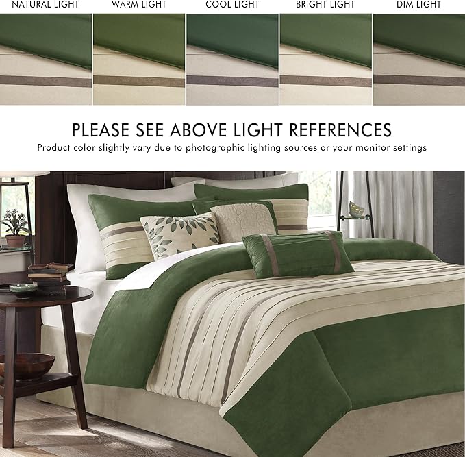 Madison Park Cozy Comforter Set-Luxury Faux Suede Design, Striped Accent, All Season Down Alternative Bedding, Matching Shams, Decorative Pillow, Green, California King (104 in x 92 in)