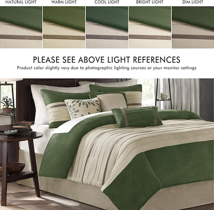 Madison Park Palmer Comforter Set-Luxury Faux Suede Design, Striped Accent, All Season Down Alternative Bedding, Matching Shams, Decorative Pillow, Bed Skirt, Queen (90 in x 90 in), Green 7 Piece