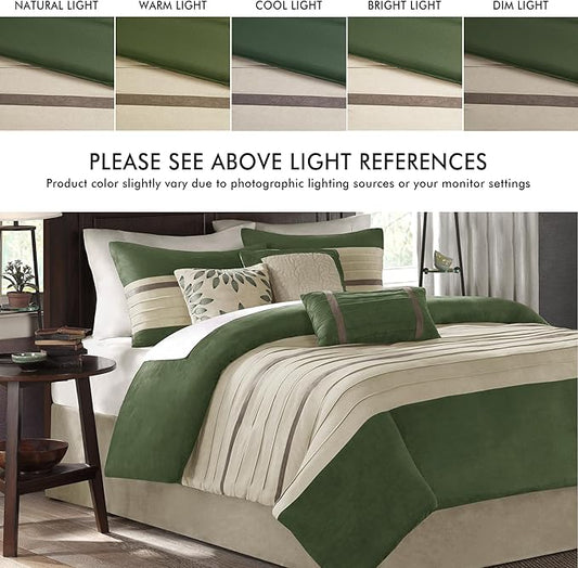 Madison Park Palmer Comforter Set-Luxury Faux Suede Design, Striped Accent, All Season Down Alternative Bedding, Matching Shams, Decorative Pillow, Bed Skirt, King (104 in x 92 in), Green 7 Piece
