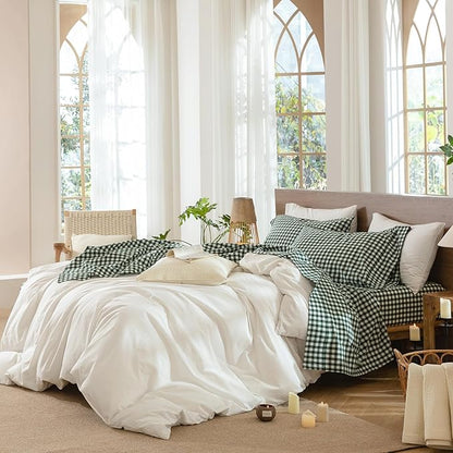 MooMee Gingham Sheet Set 100% Washed Cotton Linen Like Textured Breathable Soft w/Fully Elasticized 16-19" Deep Pocket (Classic Gingham Forest Green, King)