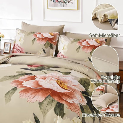 Dobuyly King Size Comforter Set 7 Piece Bed in a Bag, Pink Floral Printed on Khaki Comforter Set with Sheets, Soft Microfiber Botanical Farmhouse Bedding Set for All Season