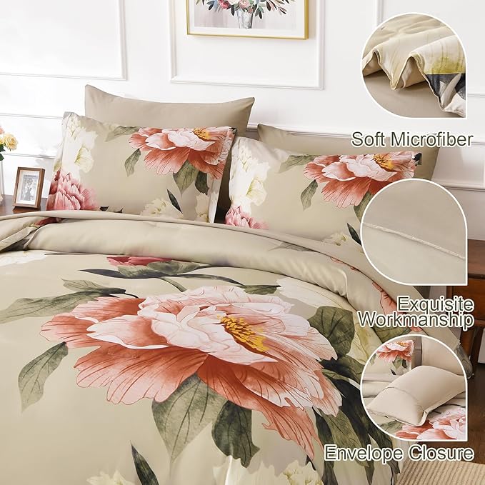 Dobuyly Queen Comforter Set 7 Piece Bed in a Bag, Pink Floral Printed on Khaki Comforter Set with Sheets, Soft Microfiber Botanical Farmhouse Bedding Set for All Season