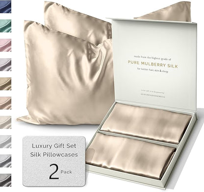Sunday Silks™ | Silk Pillow Cases 2 Pack | 22 Momme Mulberry Silk Pillowcase Set of 2 | All Sides 100% Pure Silk Slip Pillowcases Bliss for Couples, Zipper | Standard Queen, King Size, 6A [Oat Milk]