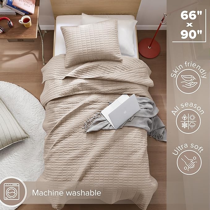 Comfort Spaces Kienna Quilt Set- Double Sided Stitching Design Summer Blanket, Lightweight, Soft, All Season Bedding Layer, Matching Sham, Taupe, Coverlet Twin/Twin XL(66"x90") 2 Piece