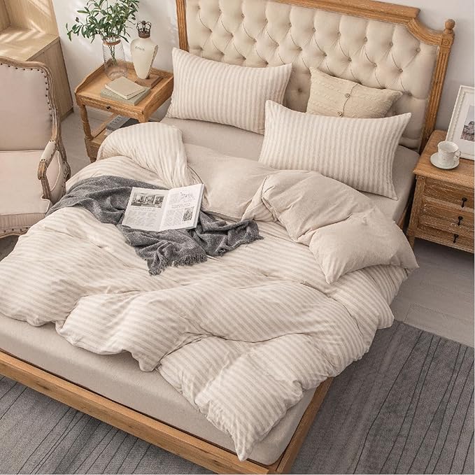 PURE ERA Jersey Knit Duvet Cover Set 100% T-Shirt Heather Cotton Super Soft Comfy Classic Striped Design, with Zipper Closure, Heather Beige Stripe, Cal King