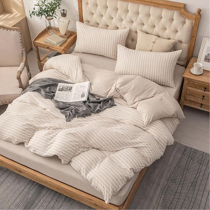 PURE ERA Jersey Knit 2pc Duvet Cover Set 100% T-Shirt Heather Cotton Super Soft Comfy Classic Striped Design, with Zipper Closure, Heather Beige Stripe, Twin