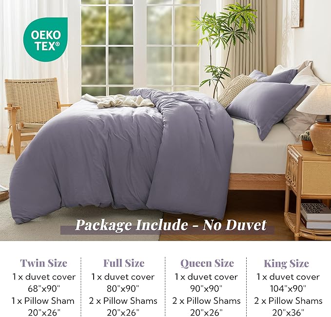 MILDLY Super Soft Duvet Cover - 100% Washed Microfiber Grayish Lavender Comforter Cover Set 3 Pieces with Zipper Closure & Corner Ties (No Comforter)