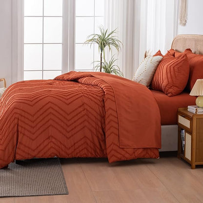 Litanika Queen Comforter Set with Sheets Burnt Orange - 7 Pieces Bed in a Bag Queen Boho Complete Bedding Sets Terracotta Rust Lightweight Bed Set with Comforter, Sheets, Pillowcases & Shams