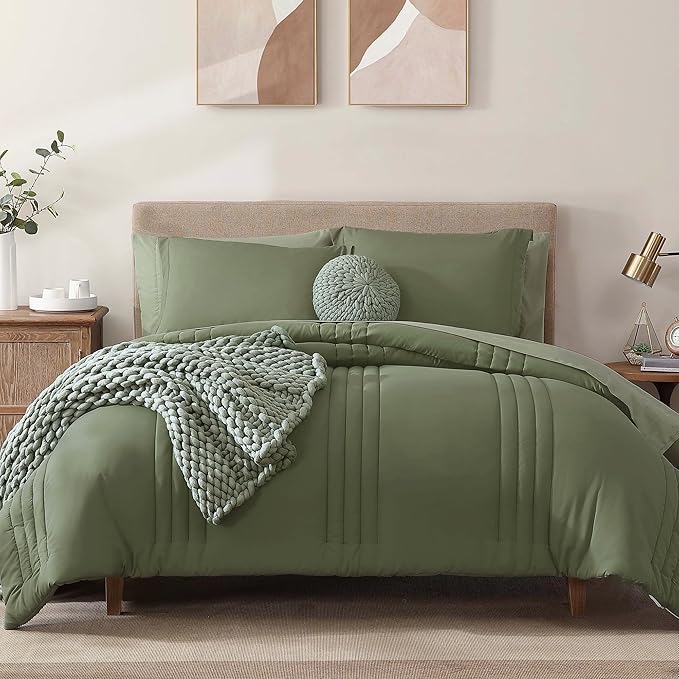 Monbix Full Comforter Set - 7 Pieces Light Sage Green Bed in a Bag Full Size Bedding Sets with Comforters, All Seasons Comforter with Sheets, Pillowcases & Shams