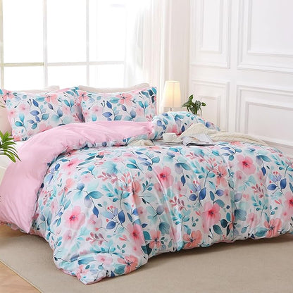 MUXHOMO Duvet Cover Queen Size, Reversible Floral Vintage Duvet Cover Set with Zipper Closure, 3 Pieces Botanical Patterns Soft Microfiber Bedding Set (90"x90", 2 Pillow Cases, Pink Blue Branch)
