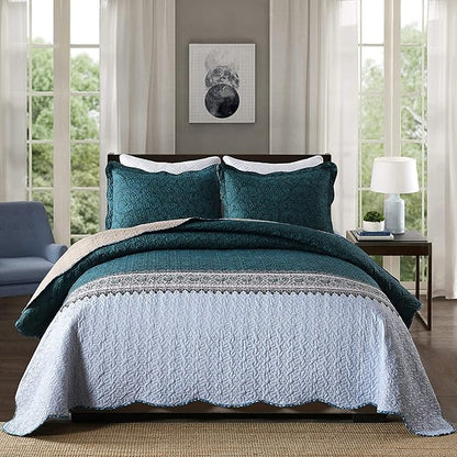 Travan 3-Piece King Quilt Set Quilted Bedspread Oversized Microfiber Soft Lightweight Bedding Set with Shams for All Season, Blue Ocean, King Size