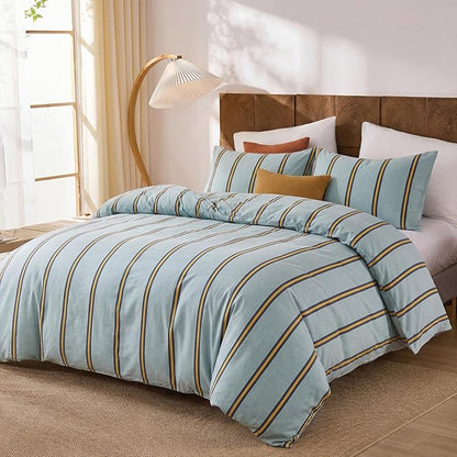 Merryword Green & Orange Striped Duvet Cover Set King Size, 100% Cotton Bedding Set with Zipper Closure & 8 Corner Ties, Luxury Linen Like Bedding, Soft Breathable Comforter Cover for All Seasons