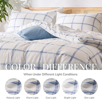 Blue Plaid Duvet Cover King, 100% Soft Washed Cotton King Size Duvet Cover Set 3 Pieces with Zipper Clousre & Corner Buttons (White/Blue Plaid, King 104 x 90)