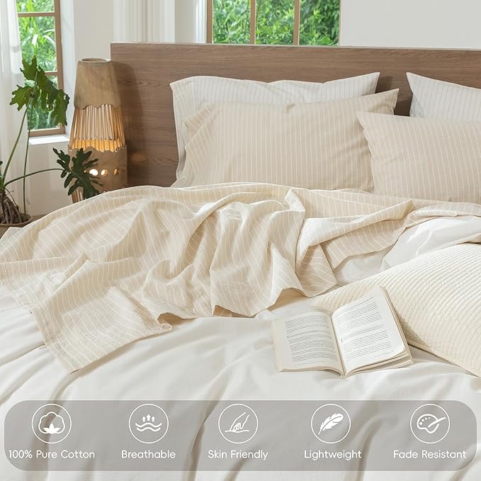MooMee Striped Sheet Set 100% Washed Cotton Linen Like Textured Breathable Durable Soft Comfy (Almond Milk Grey White Wide Stripes, King)